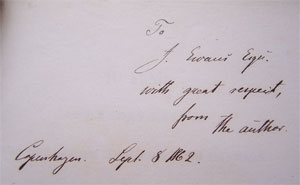 Annotation to one of Evans's books stating 'John Evans Esq. with great respect the author, Copenhagen Sept 8 1862'.